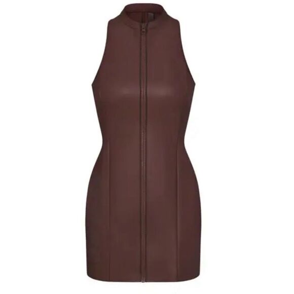 SKIMS Cocoa Brown Rubberized Scuba Swim Mock Neck Zip Front Mini Dress NWT - Picture 5 of 16